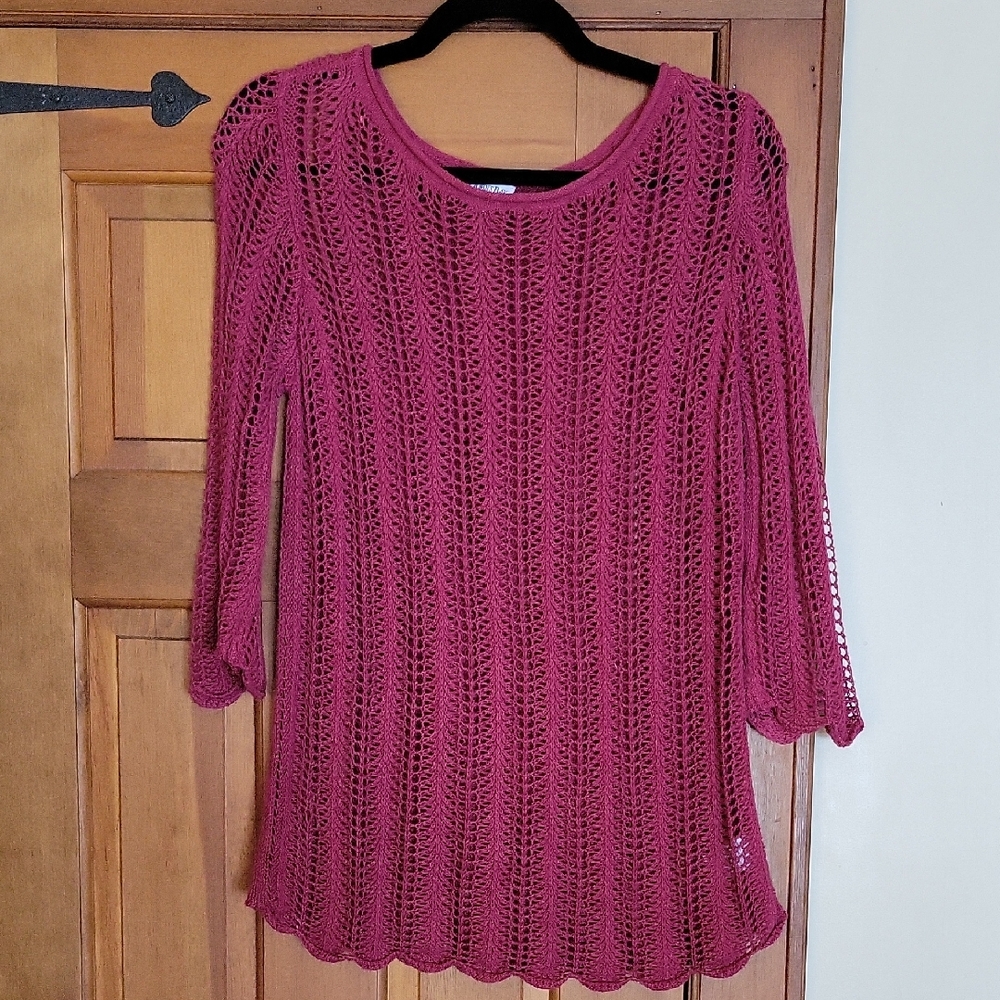 ST JOHN'S BAY CRANBERRY CROCHET KNIT SWEATER - Picture 2 of 6